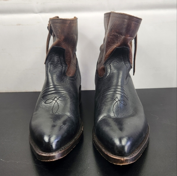 Frye Billy Cross Stitch Short Cowboy Western Heeled Booties Black/Brown 7 1/2 B - Picture 3 of 16